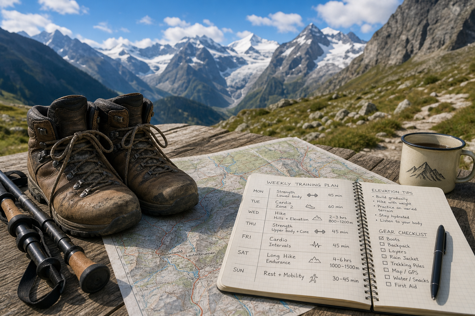 Hikers ascending a scenic alpine trail in the Swiss Alps under sunny summer conditions