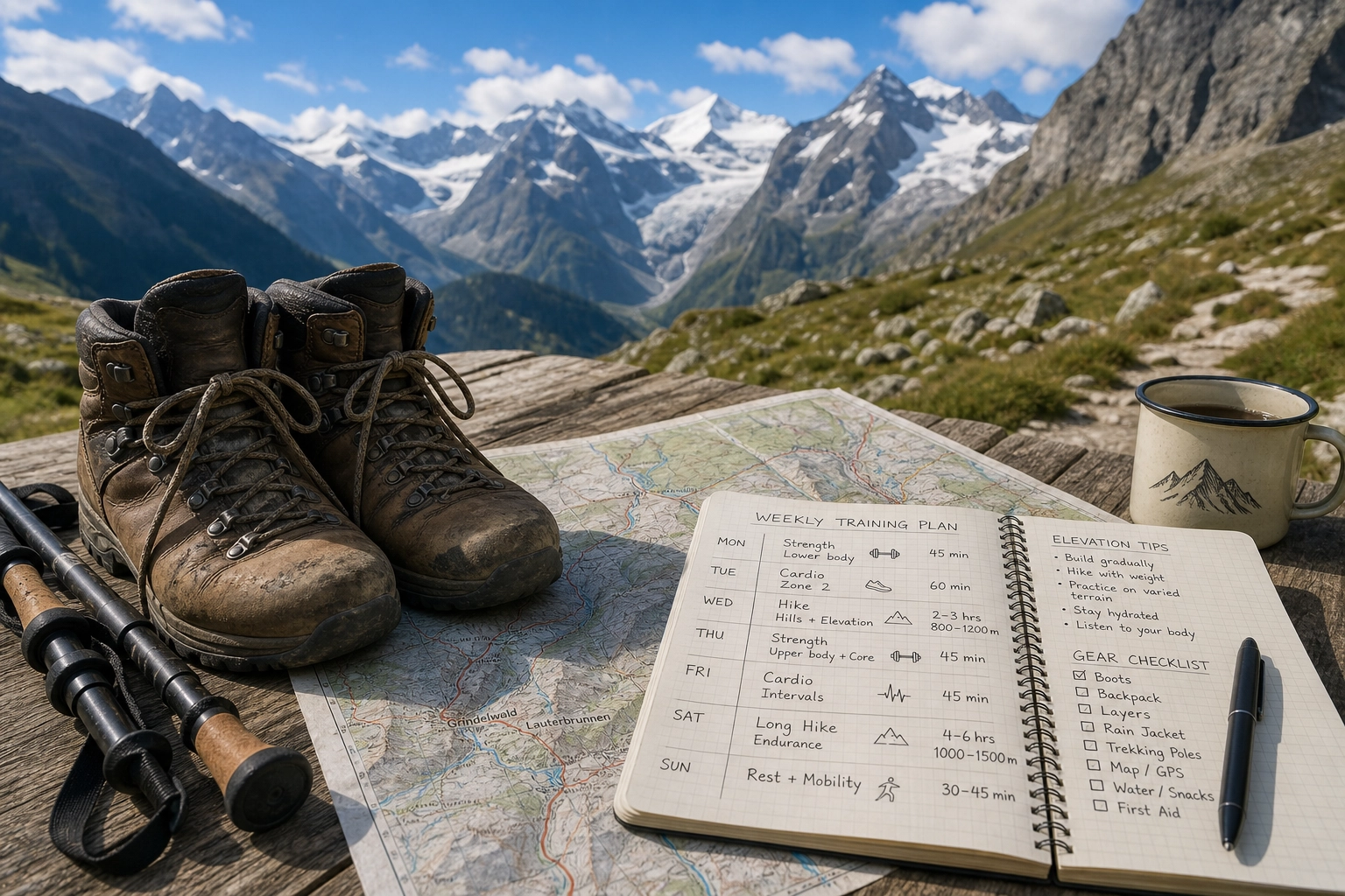 Hikers ascending a scenic alpine trail in the Swiss Alps under sunny summer conditions