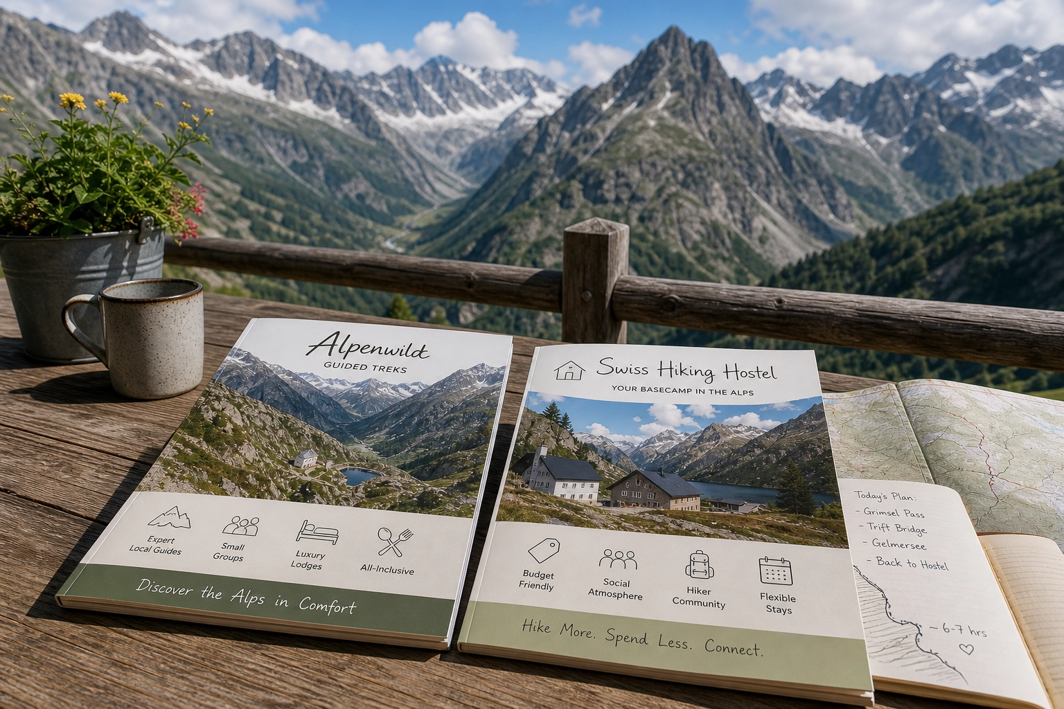 Hikers walking on a scenic trail in the Swiss Alps, representing organized hiking trips.