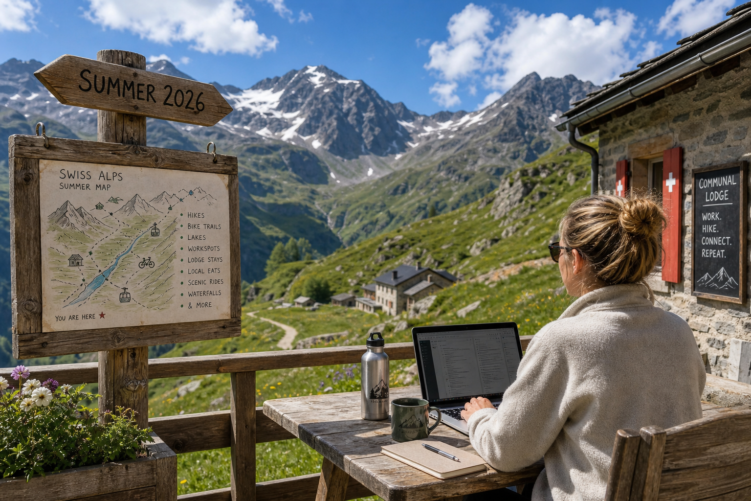 Hikers enjoying a scenic summer trail in the Swiss Alps near Mont Blanc.