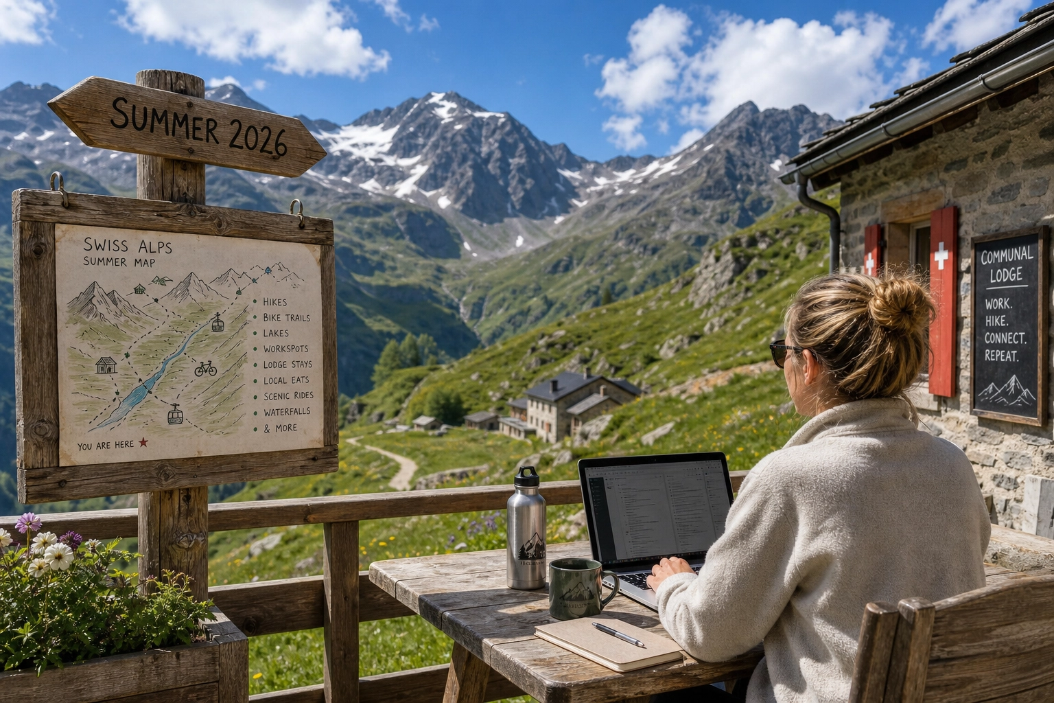 Hikers enjoying a scenic summer trail in the Swiss Alps near Mont Blanc.