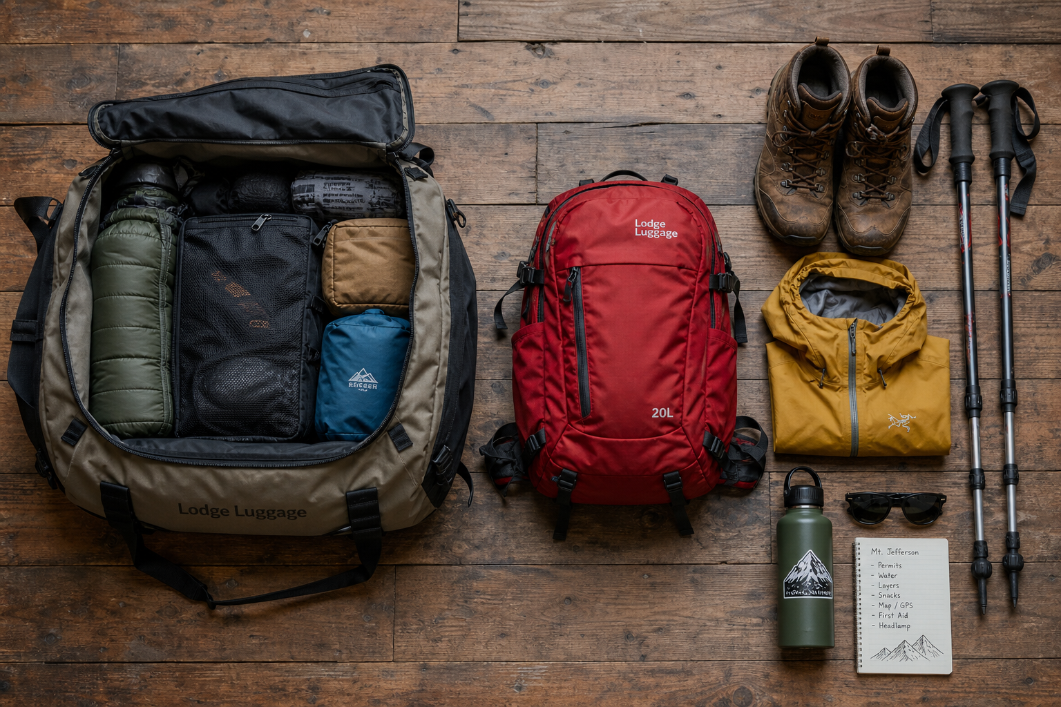 Top-down flatlay showing a dual-bag packing setup for a mountain hiking trip.
