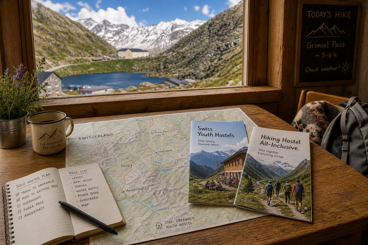 A solo hiker looking at a trail map with mountains in the background, representing budget travel planning in Switzerland