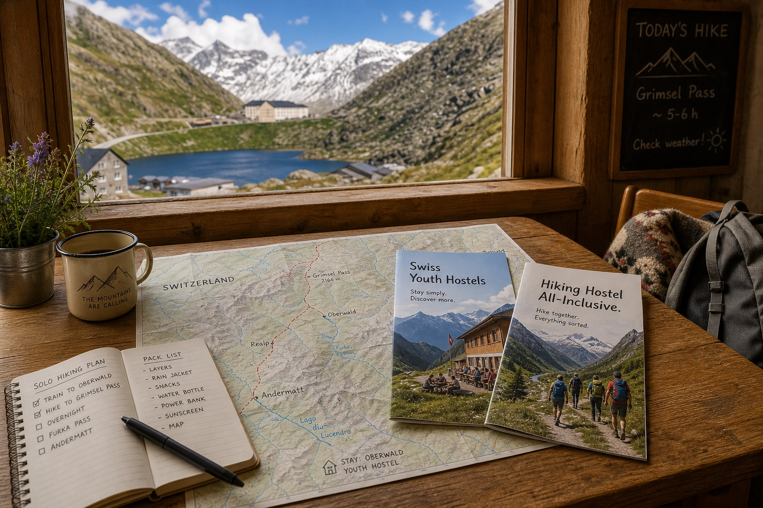 A solo hiker looking at a trail map with mountains in the background, representing budget travel planning in Switzerland