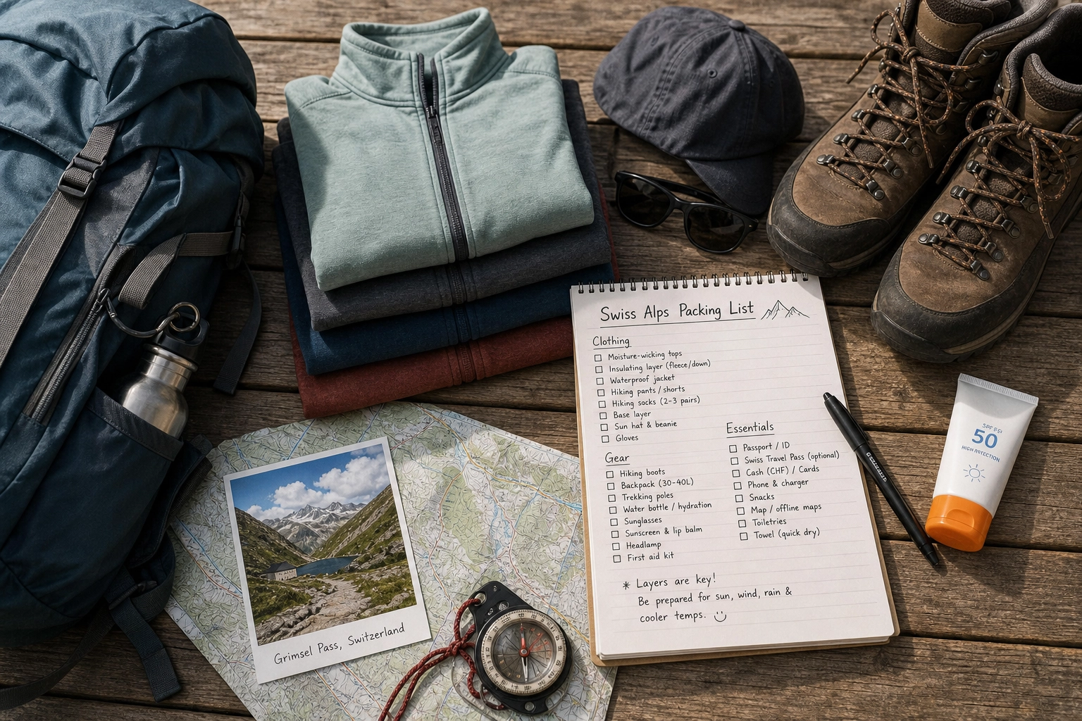 A well-organized flat lay of Swiss Alps hiking gear including a daypack, boots, trekking poles, and clothing layers on a wooden surface.