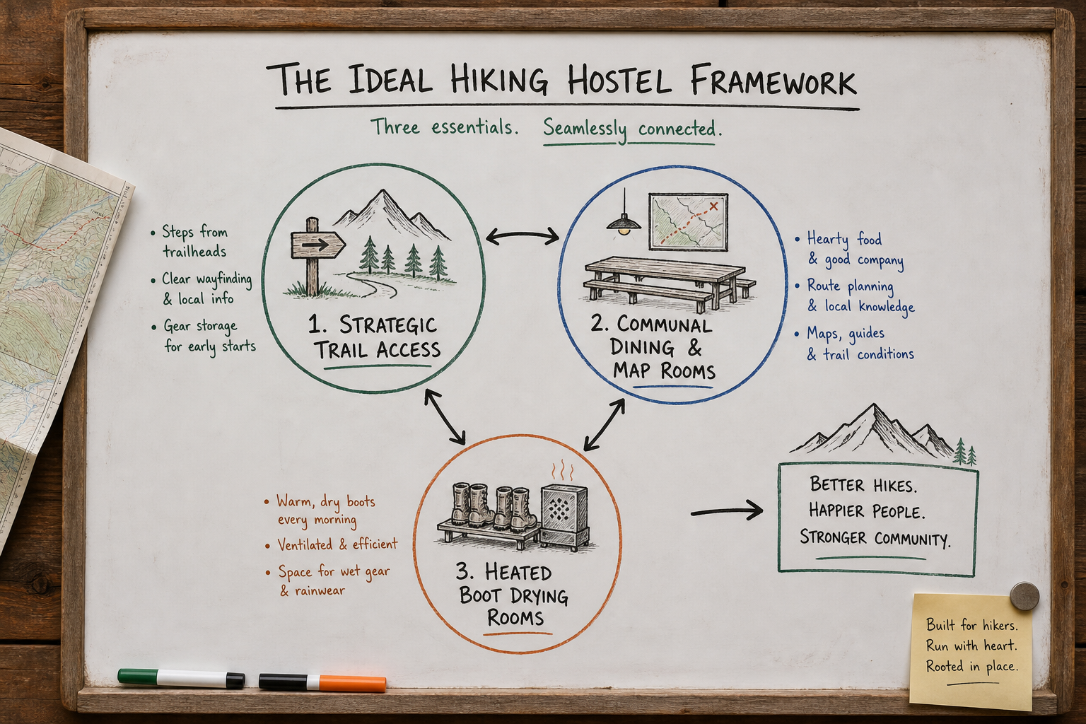 Diagram showing the three main criteria for a good hiking hostel: trail access, social areas, and drying rooms.