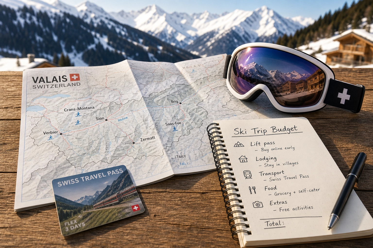 Skier standing on a snowy ridge overlooking scenic Swiss Alps valleys with a mountain trail map