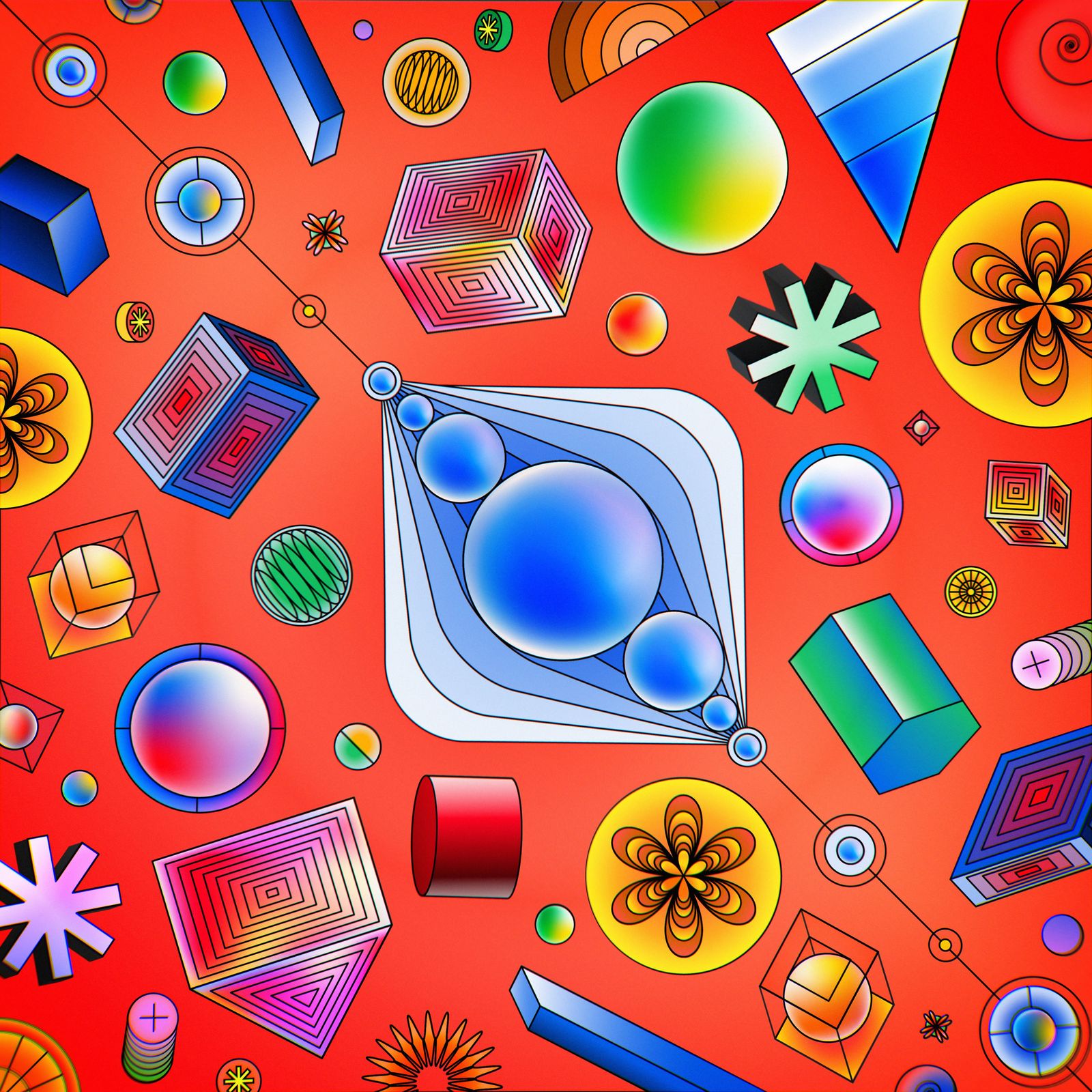 Field of colorful 3D geometric shapes