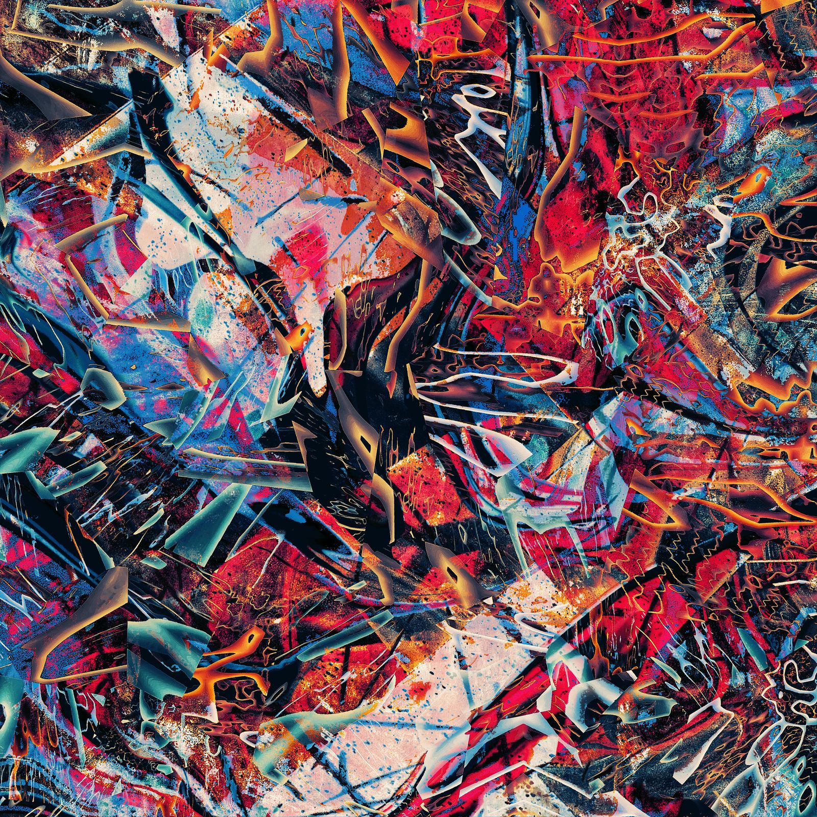 Densely layered red and blue abstract painting