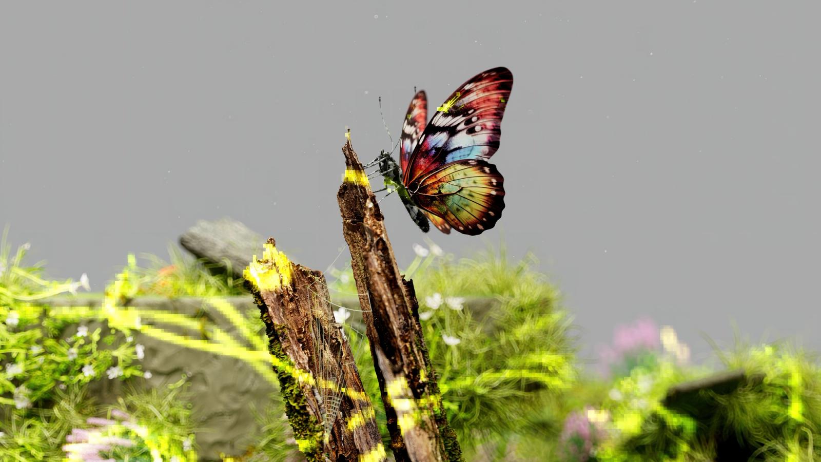 Vivid butterfly perched on driftwood among wildflowers