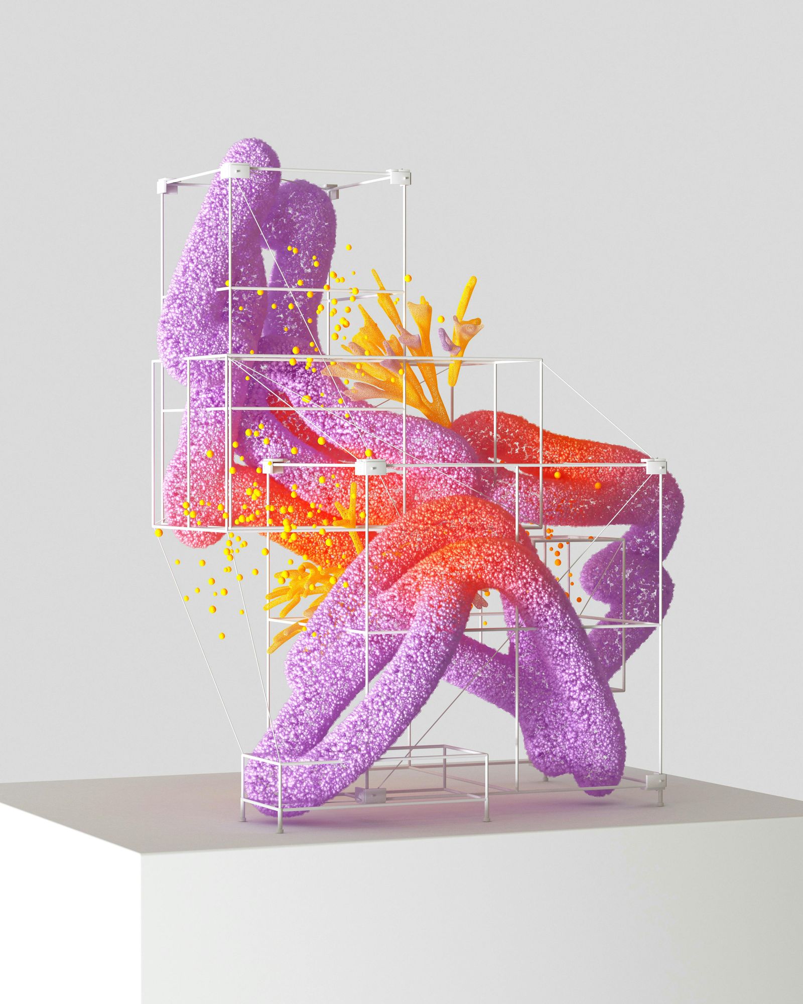 Granular coral-like form held inside a wireframe cage