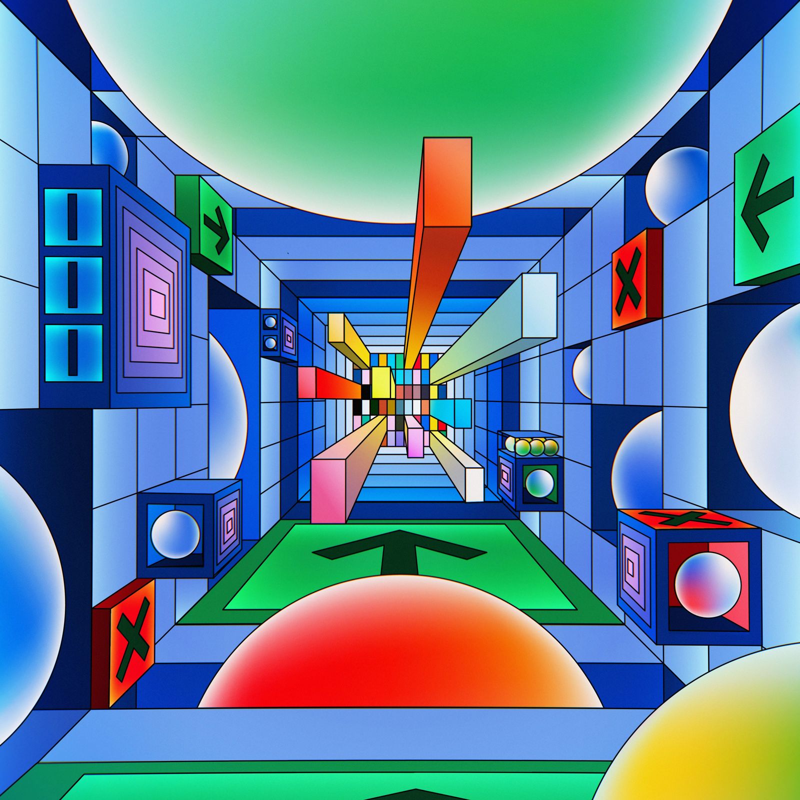 Geometric corridor receding into vivid perspective