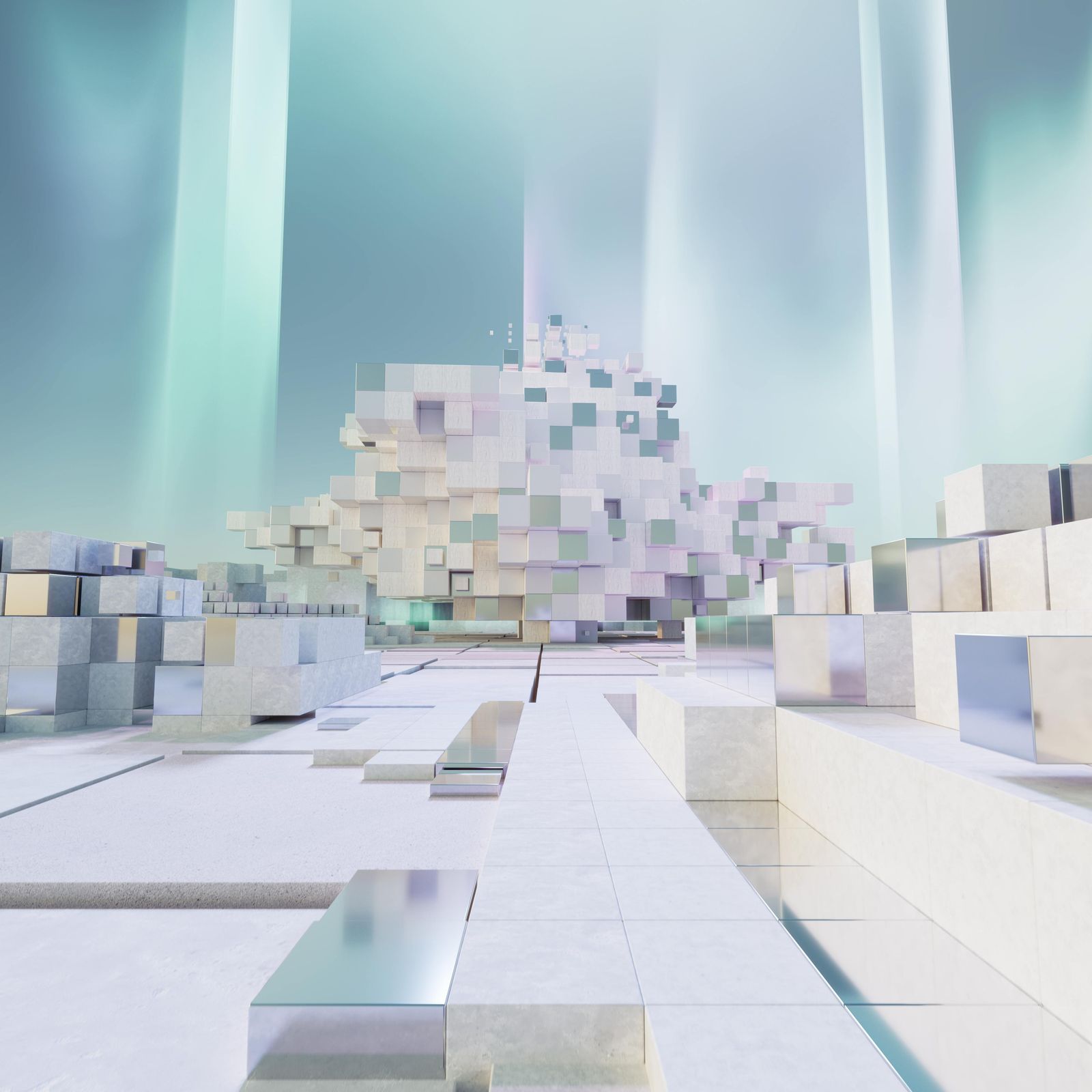 Voxel structure rising from a pale tiled plaza