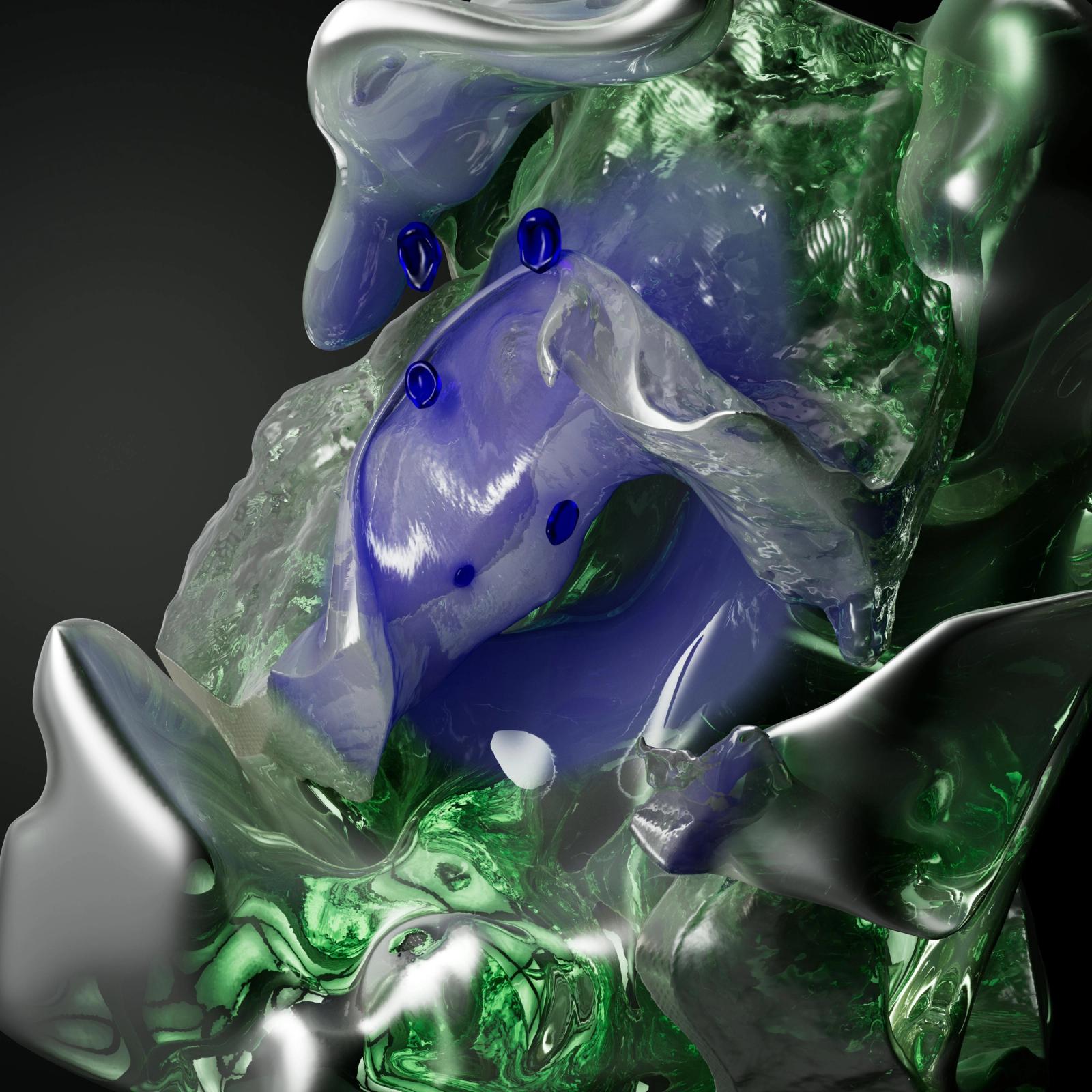 Chrome and emerald liquid-metal sculpture
