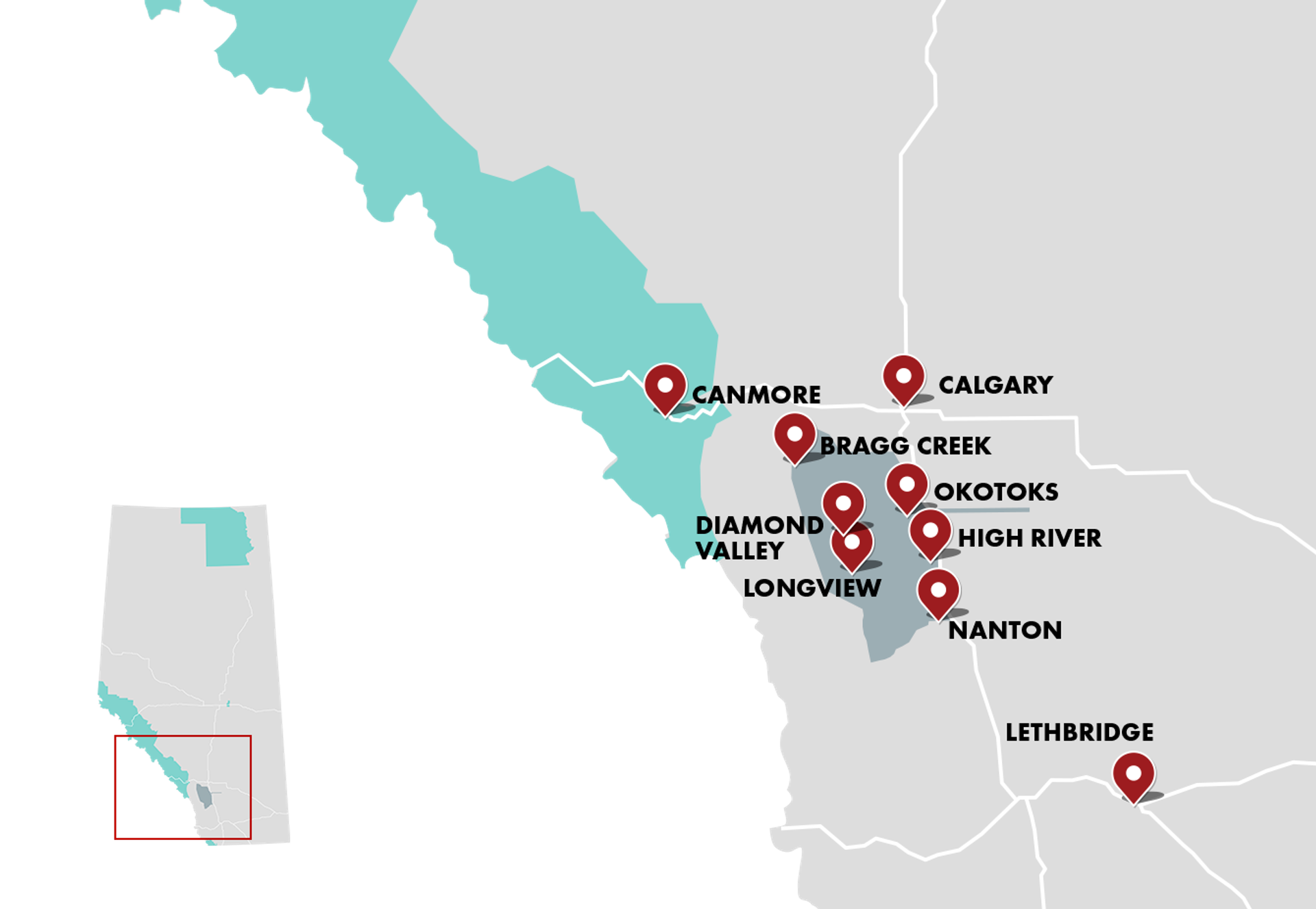 Foothills map marking Calgary, Canmore, Bragg Creek, Okotoks, High River and Nanton.
