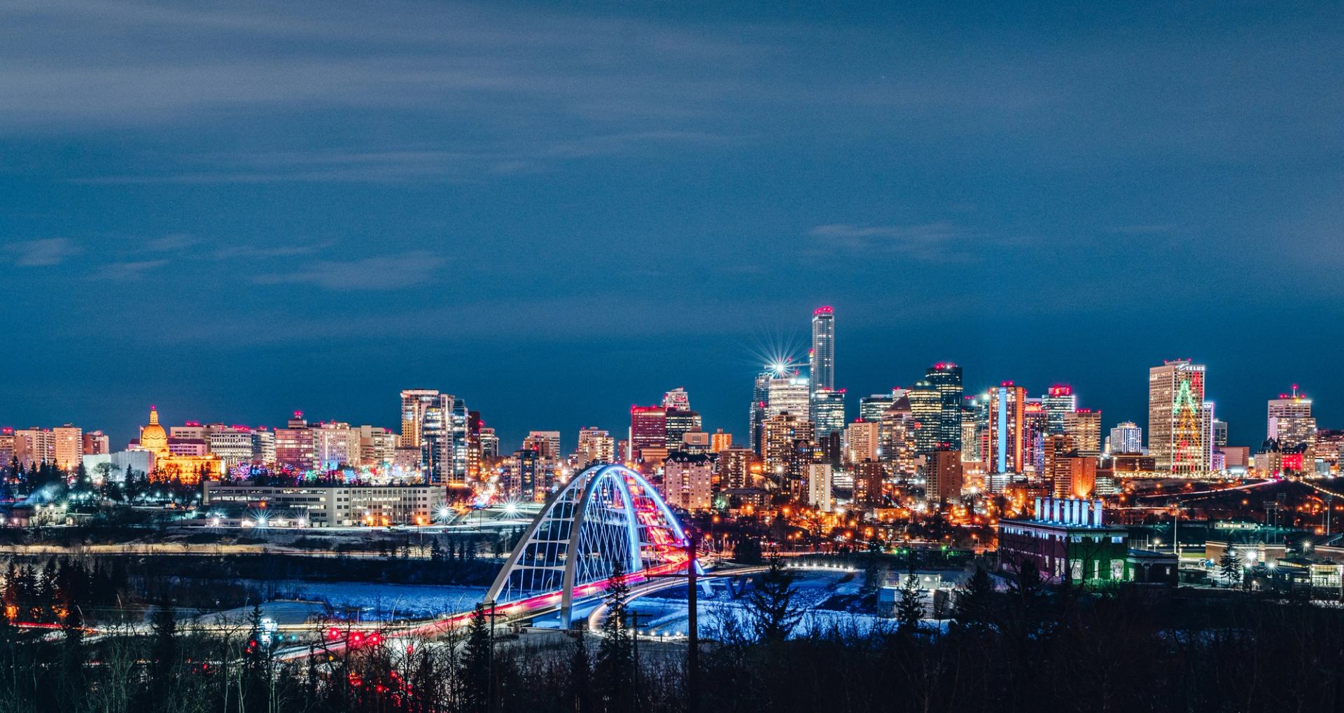 Night view of Edmonton Cityscape with Walterdale Bridge