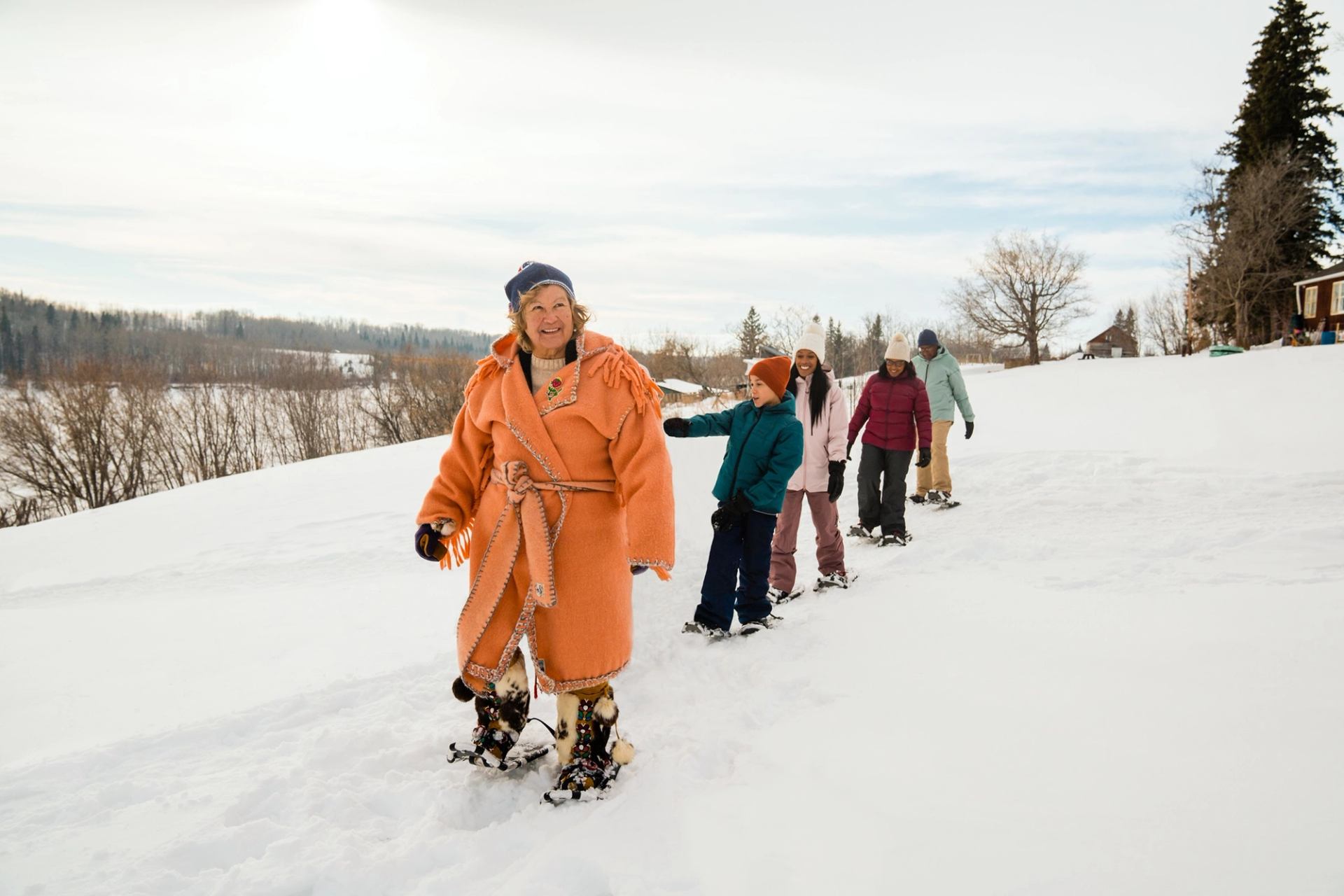 group of 5 friends snowshoeing