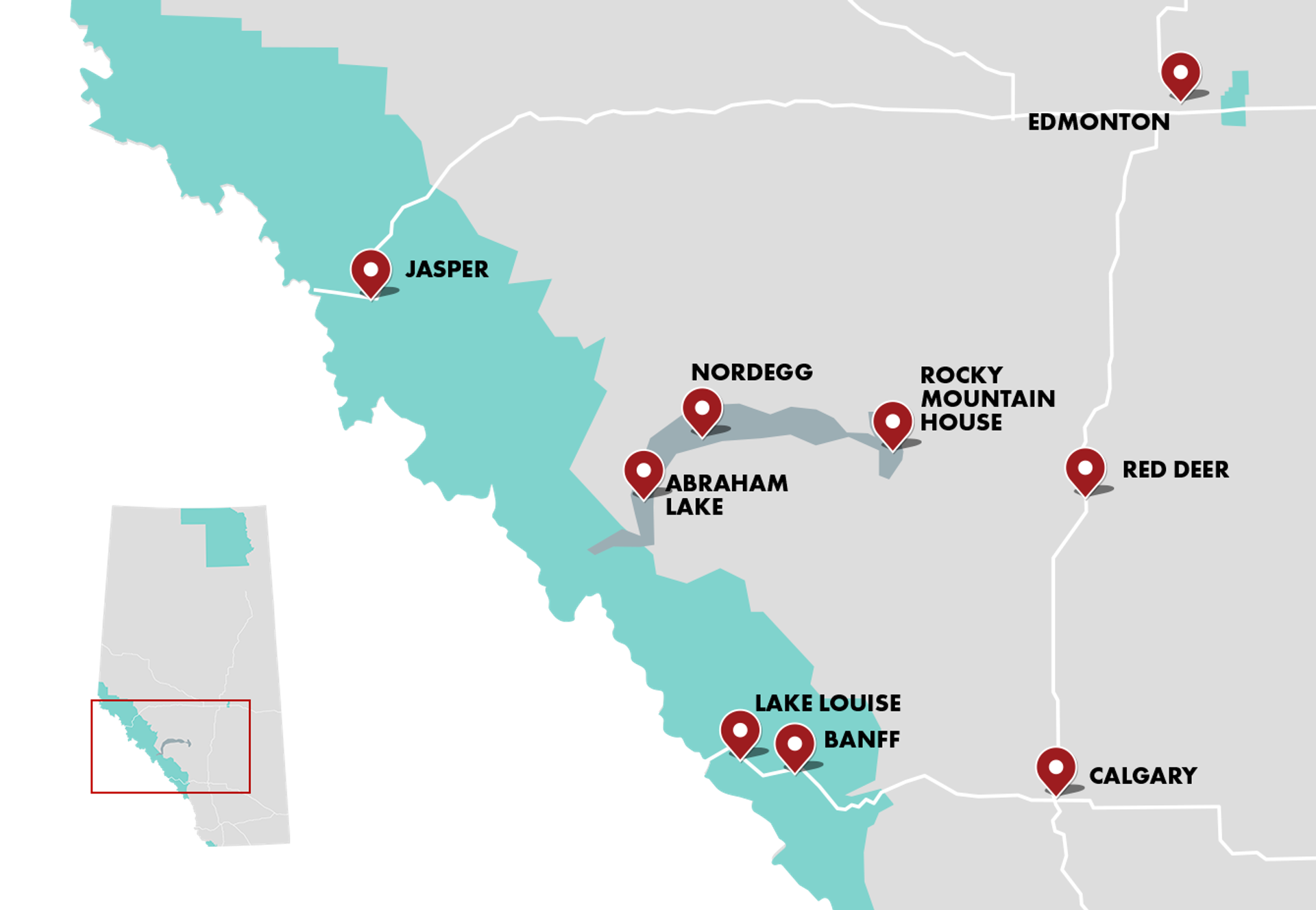 A graphic map showing David Thompson TDZ, which stretches west from Rocky Mountain House into the Icefields Parkway.