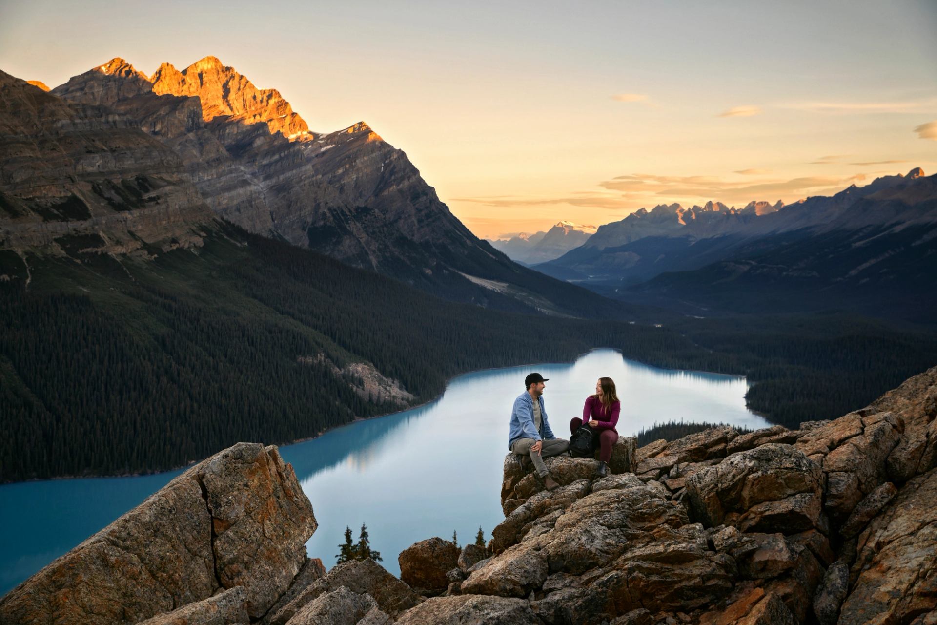 Couple above Peyto Lake as the sun goes down