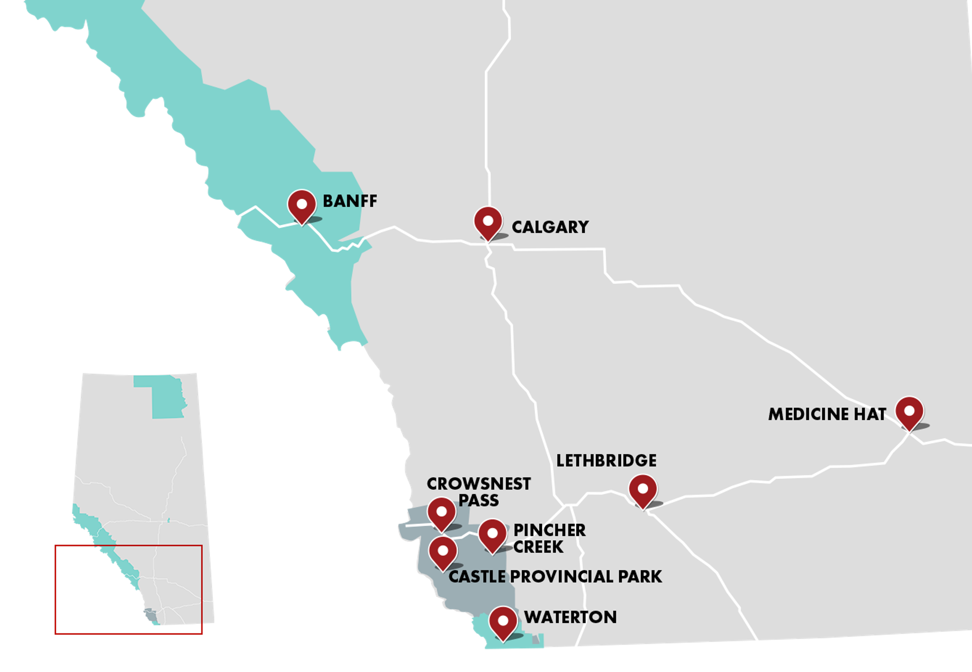 A graphic map shows the location of the Southern Rockies within Alberta. It's a relatively small region in the far southwest corner of the province