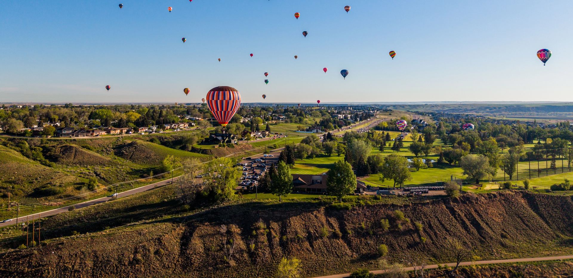 Aerial shot of hot air balloons at Rise Up