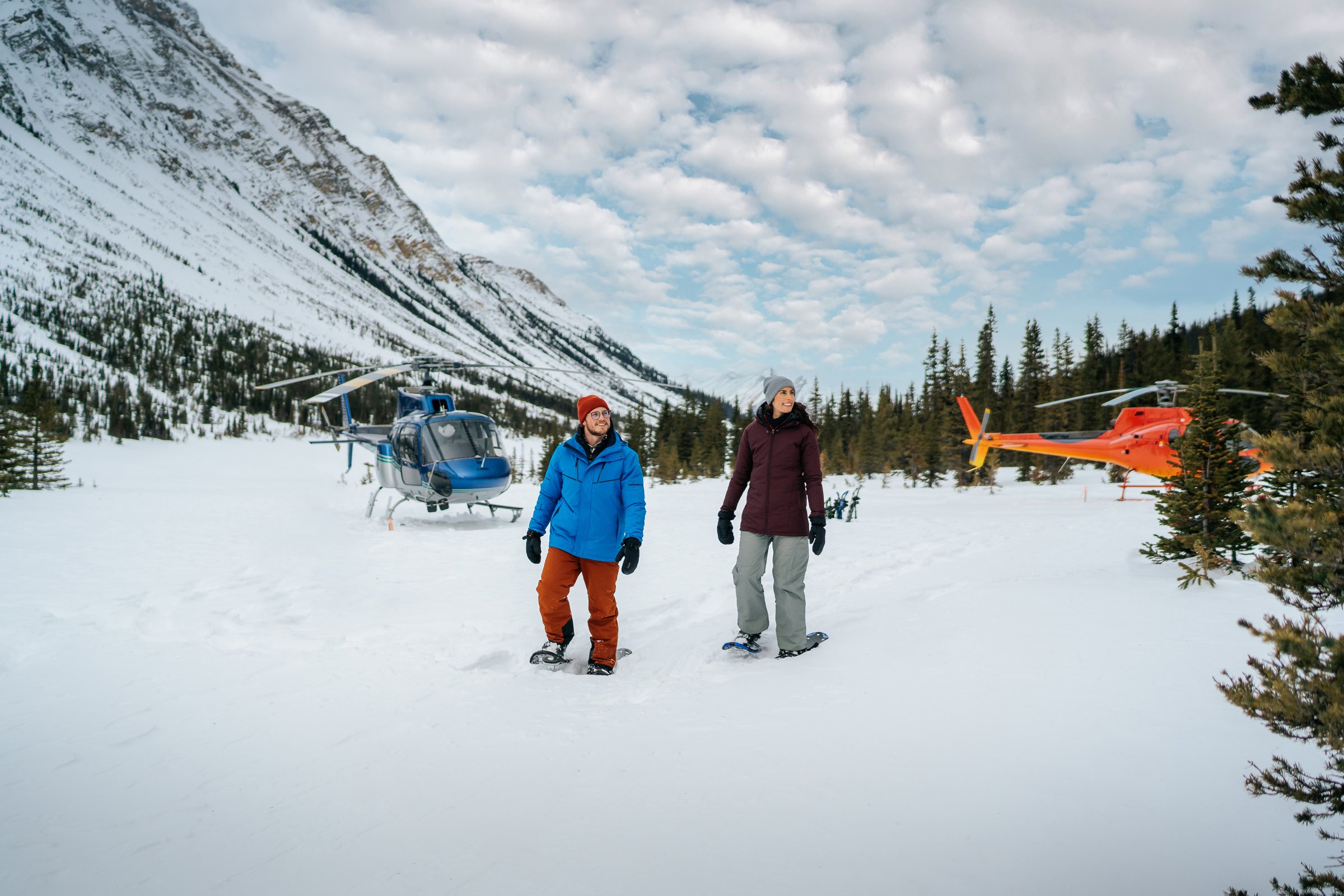 People heli snowshoeing in Nordegg