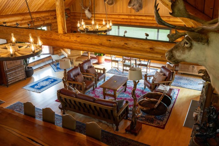 The interior of the guest lodge at a ranch stay.