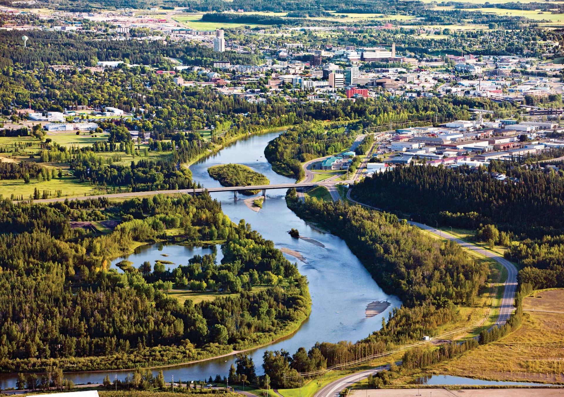 Aerial View of 67 Street Bridge, Gaetz Lakes Bird Sanctuary and Kerry Wood Nature Centre in Red Deer Alberta