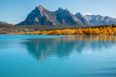 View of Abraham Lake and Ex Coelis Mountain in the fall.