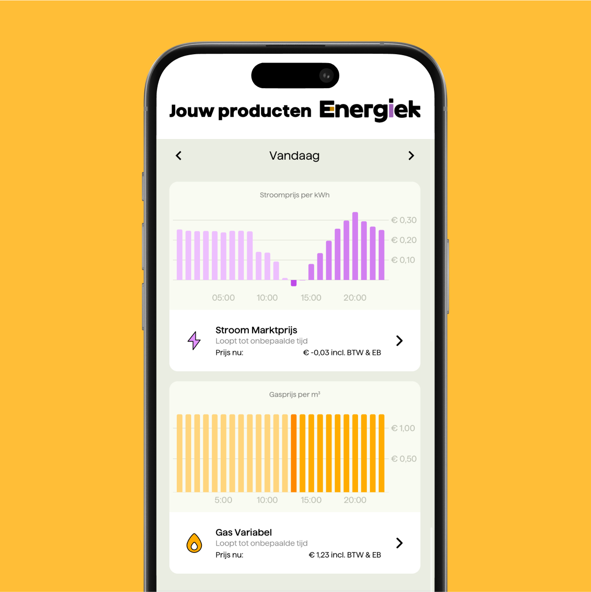 Heb je een dynamisch contract? Dan zie je in de app makkelijk wanneer stroom en gas het goedkoopst zijn. Zo weet je precies wanneer je slim kunt verbruiken en maximaal bespaart op je energie.