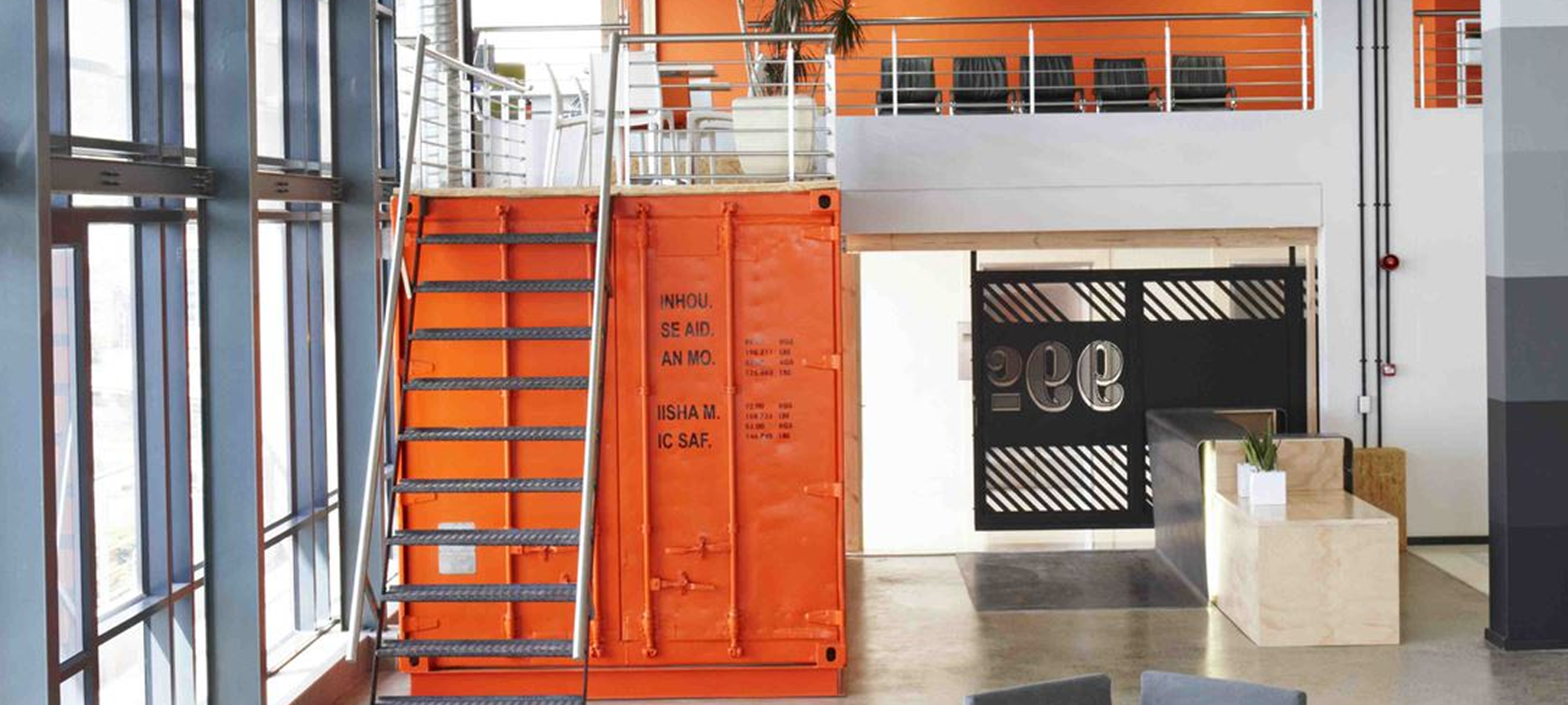 "Iconic red shipping container meeting room in the 99c Cape Town office"