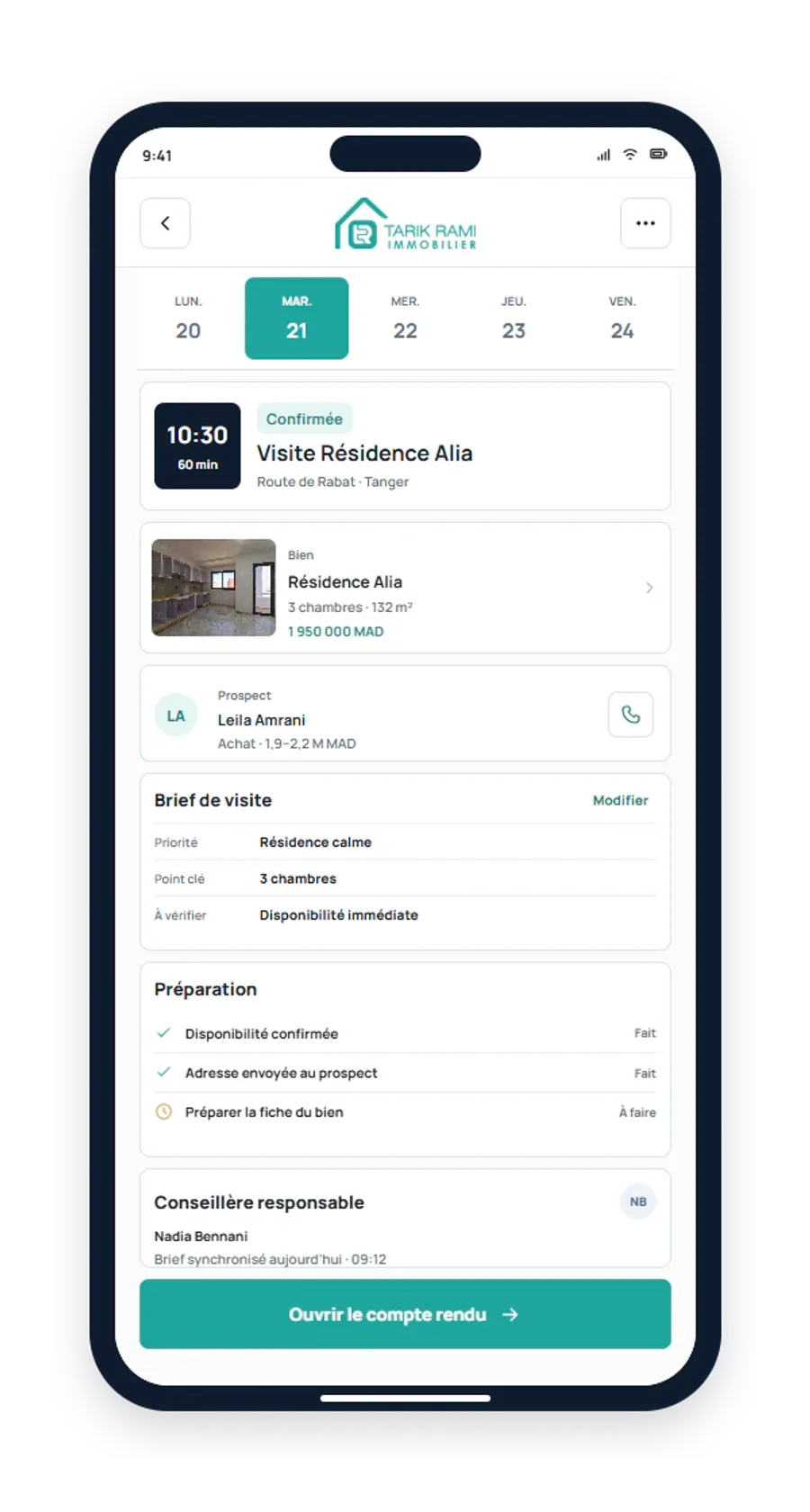 Mobile visit calendar for Tarik Rami Immobilier linking appointment, property, prospect, visit brief, and preparation checklist.