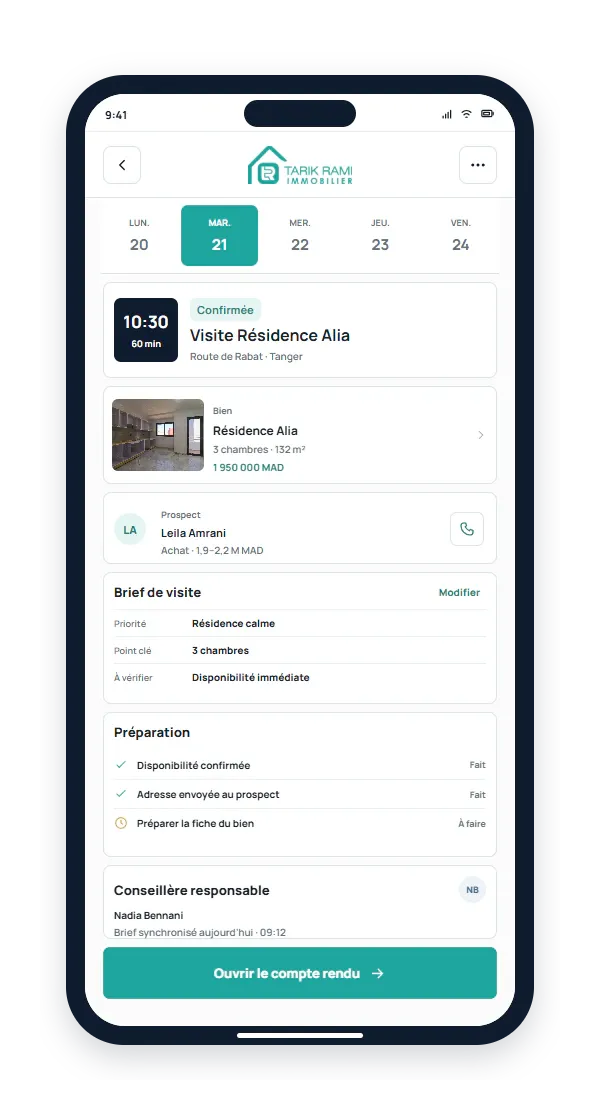 Agenda mobile des visites de Tarik Rami Immobilier reliant le rendez-vous, le bien, le prospect, le brief de visite et la liste de préparation.