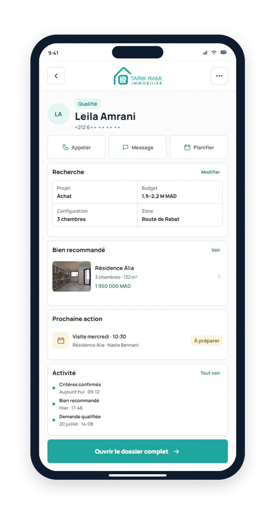 Mobile prospect record for Tarik Rami Immobilier linking qualification, recommended property, next action, and recent activity.