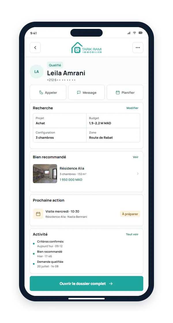 Fiche prospect mobile de Tarik Rami Immobilier reliant la qualification, le bien recommandé, la prochaine action et l’activité récente.