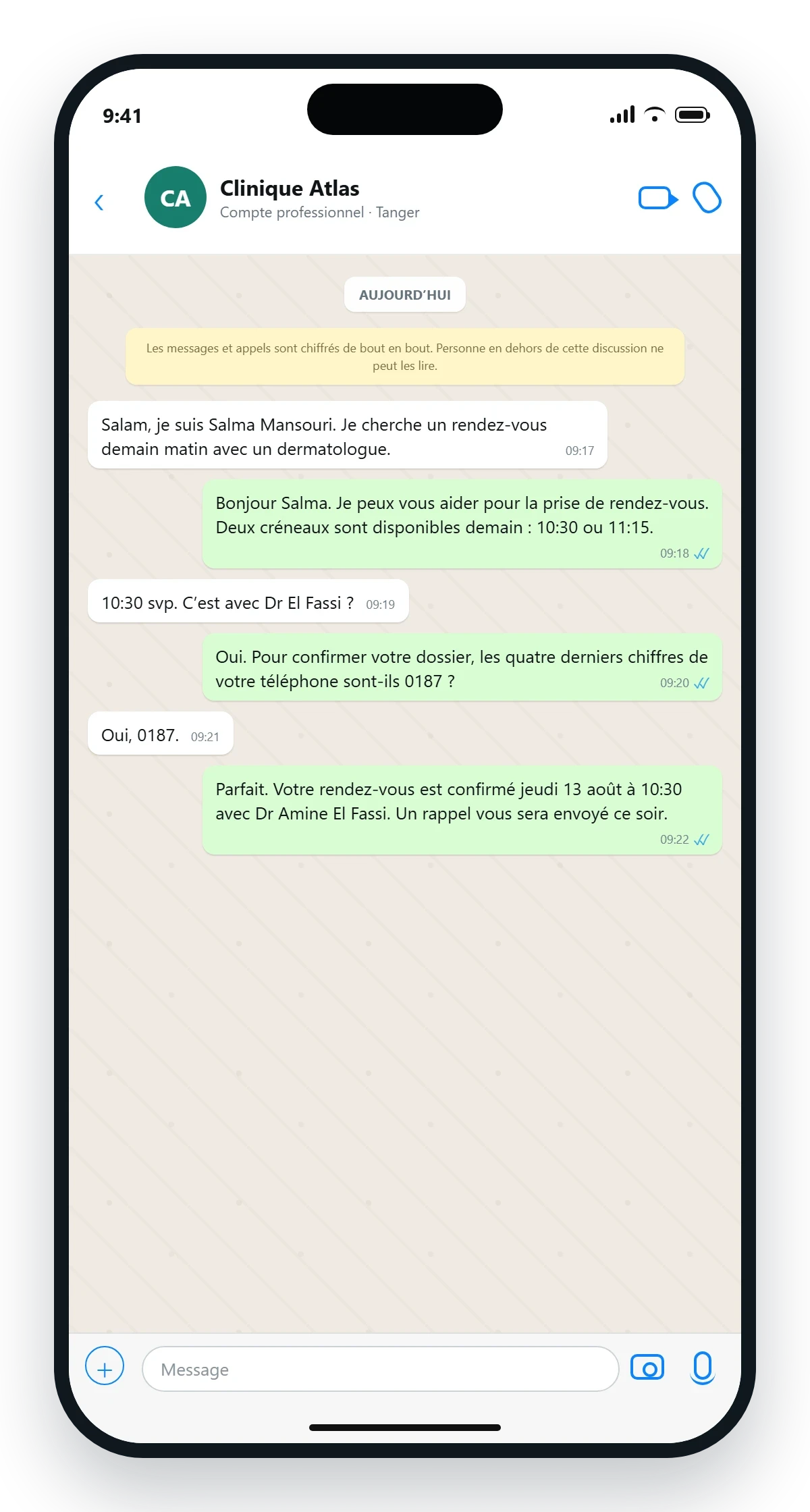 WhatsApp-style reception conversation showing appointment intake, confirmation and human handoff.