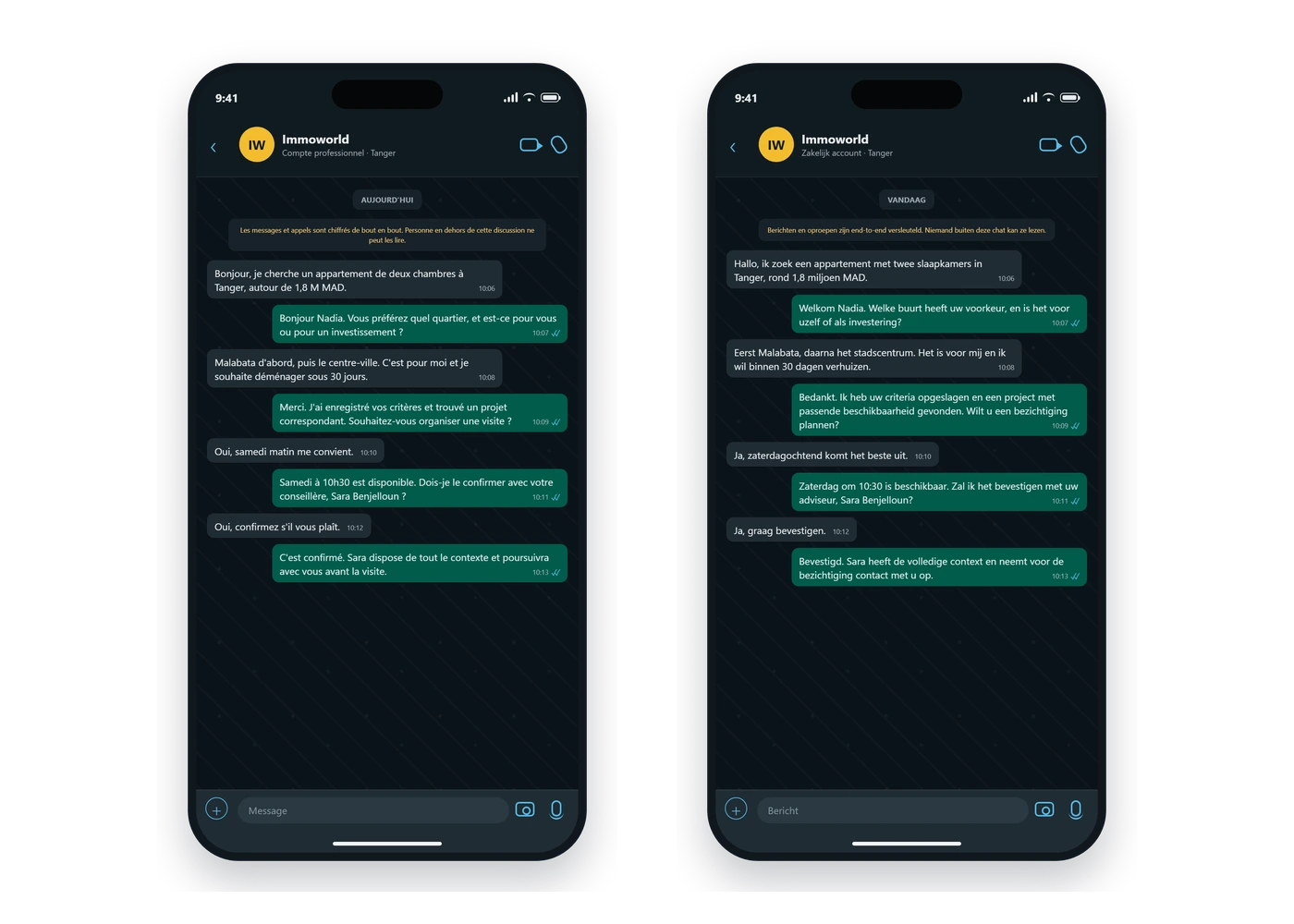 Two ImmoWorld WhatsApp phone screens showing French and Dutch lead workflows in Tangier