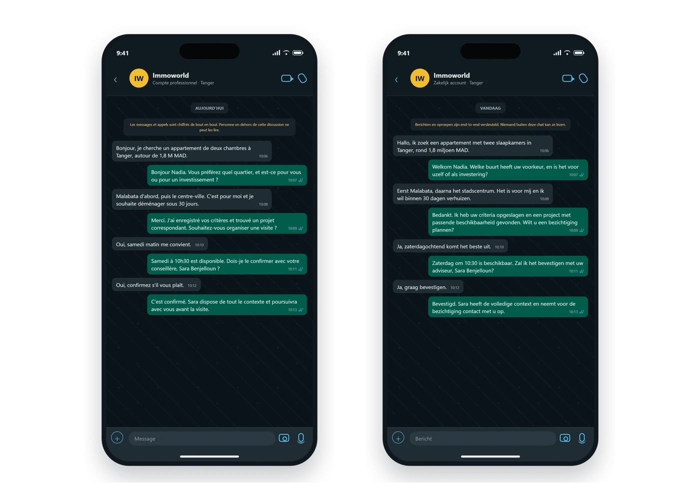 Two ImmoWorld WhatsApp phone screens showing French and Dutch lead workflows in Tangier