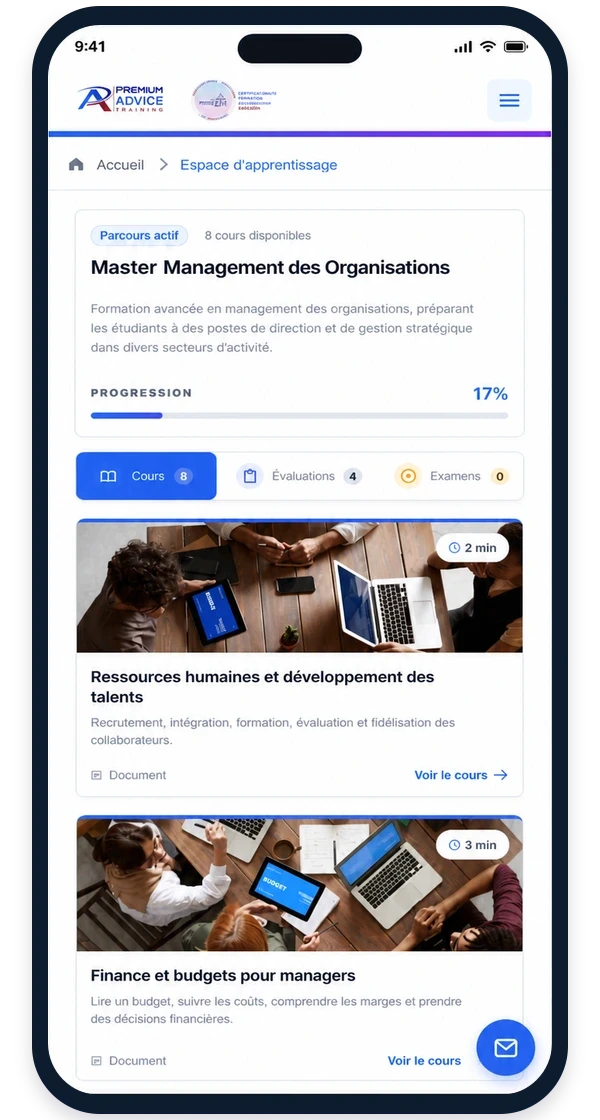 Vue mobile des cours Premium Advice & Training présentant le parcours actif.