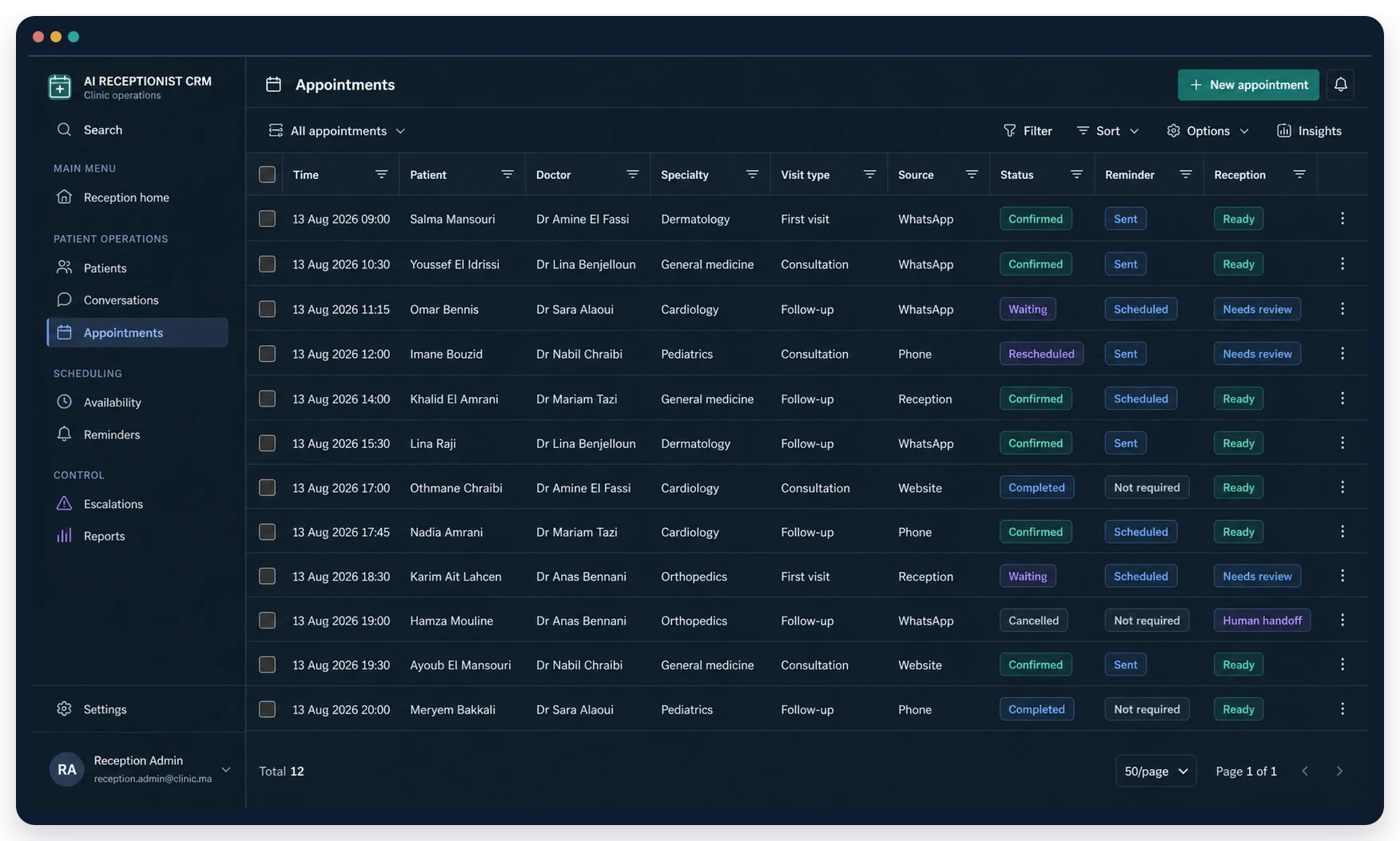 AI receptionist appointments workspace showing administrative scheduling and staff handoff controls.