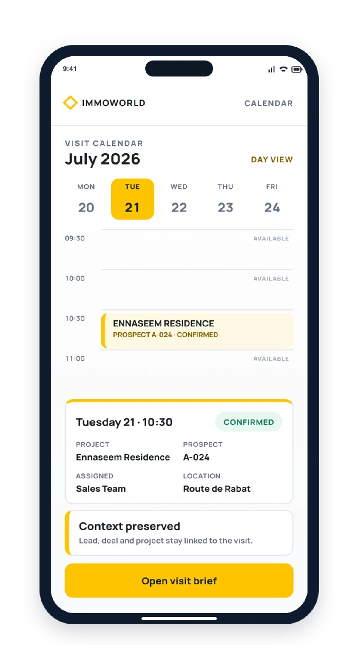 ImmoWorld mobile visit calendar connecting prospect, project, time and assigned team.