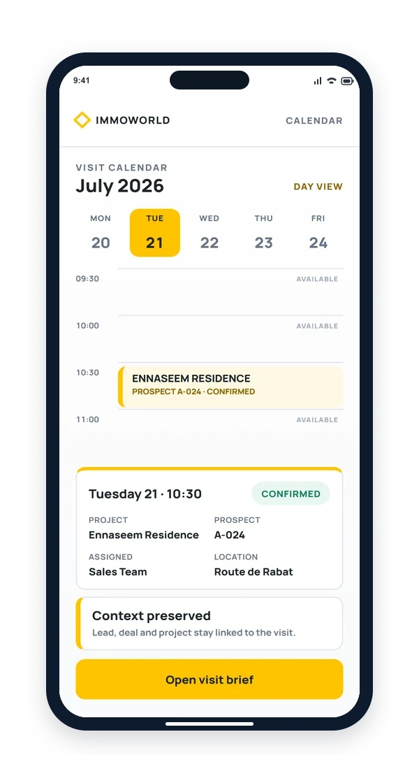 ImmoWorld mobile visit calendar connecting prospect, project, time and assigned team.