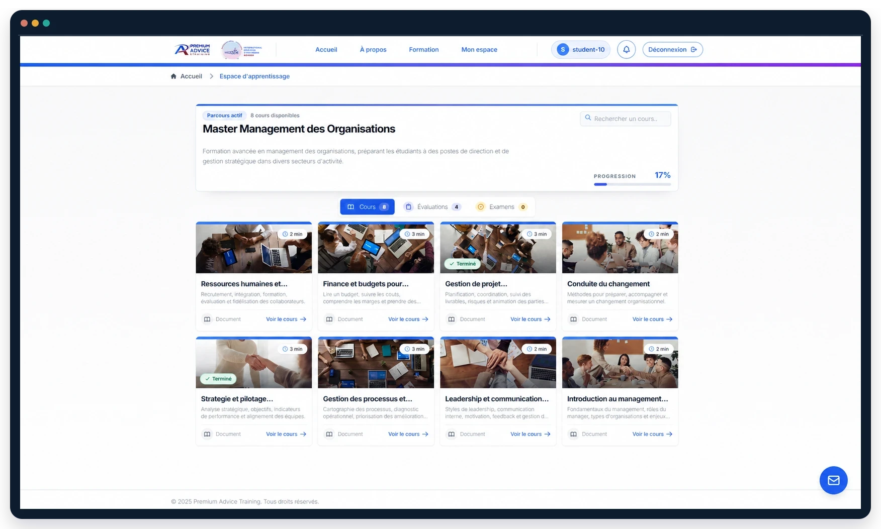 Espace apprenant Premium Advice & Training présentant l’accès aux cours et la progression.