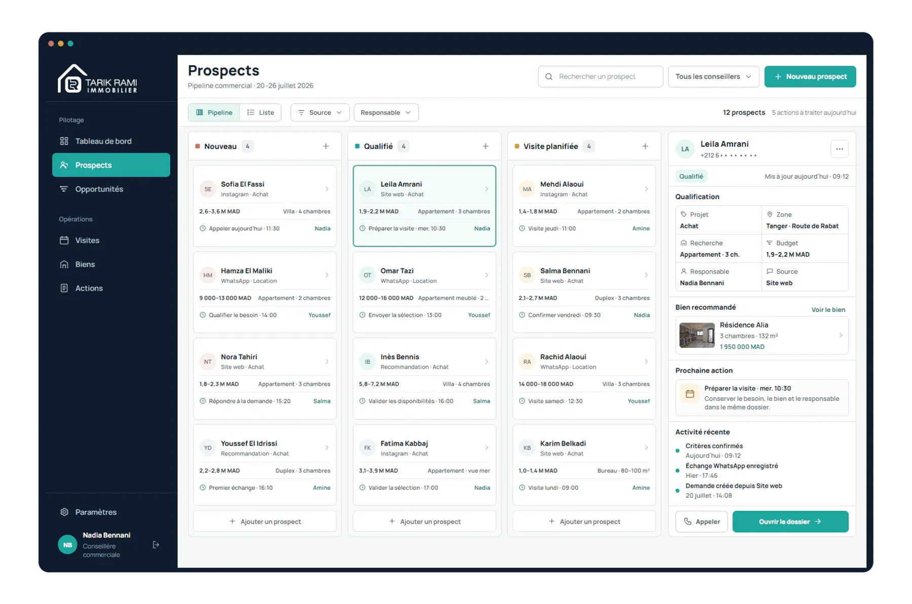 Tarik Rami Immobilier commercial prospects Kanban with owner, search criteria, recommended property, and next action.
