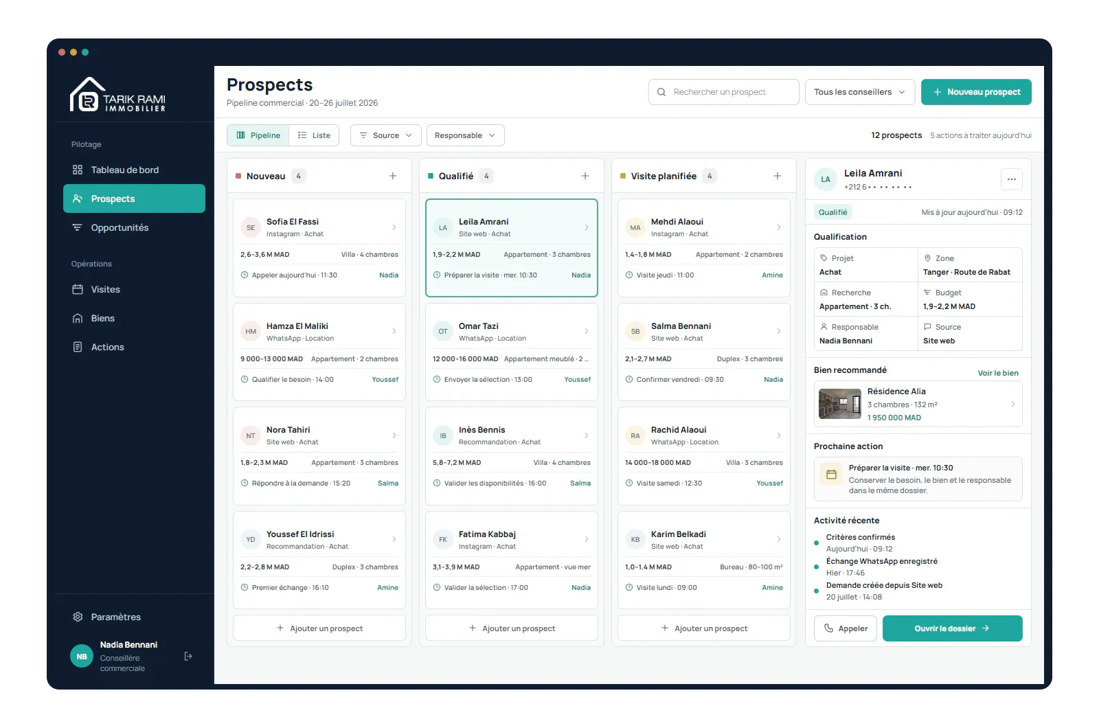 Pipeline Kanban des prospects de Tarik Rami Immobilier avec responsable, critères de recherche, bien recommandé et prochaine action.