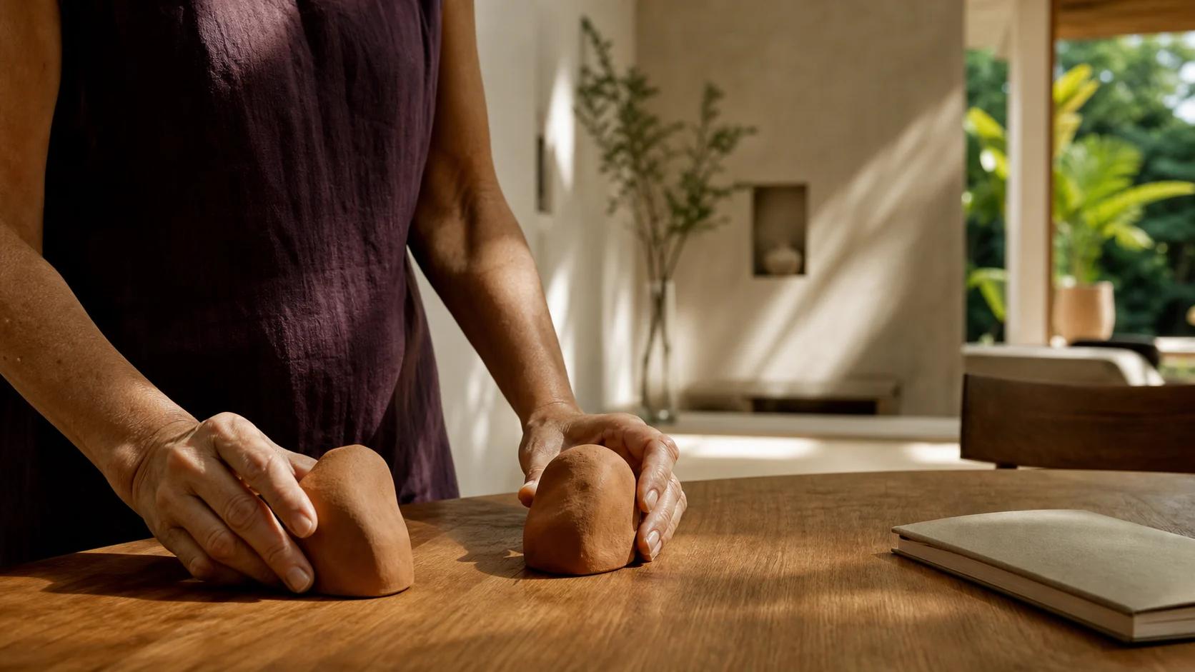 Mãos criando uma margem entre formas de argila
