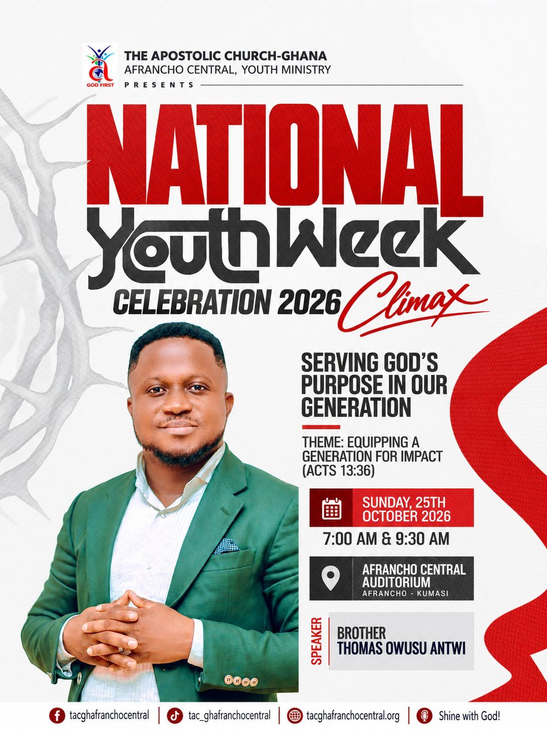 Youth Week Day 7 flyer: Serving God's Purpose in Our Generation, Bro. Thomas Owusu Antwi