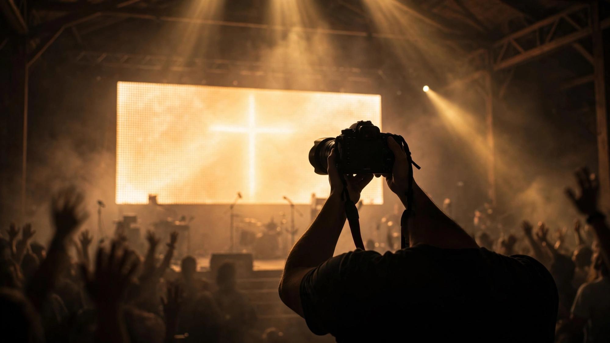 Photographer silhouetted against the glowing stage screen during worship