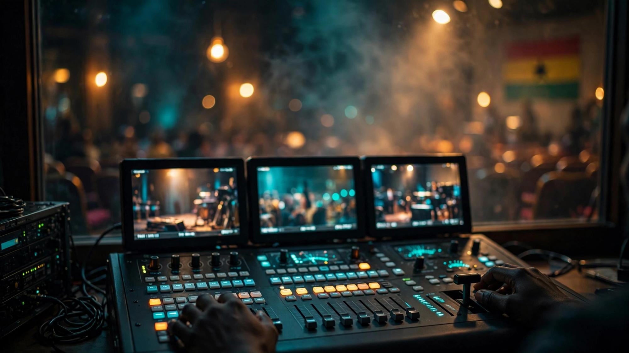 Fire Media control desk with switcher and multiview monitors during a live service