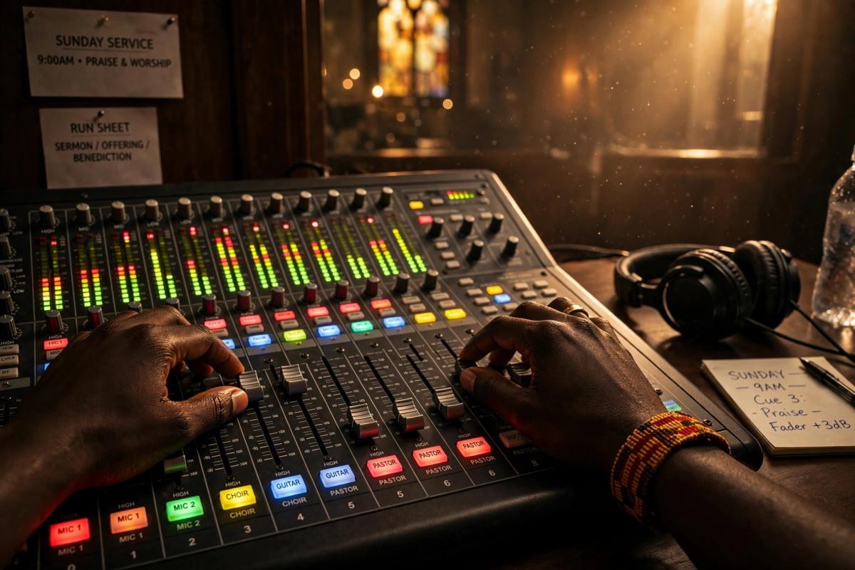 Hands on the mixing console faders